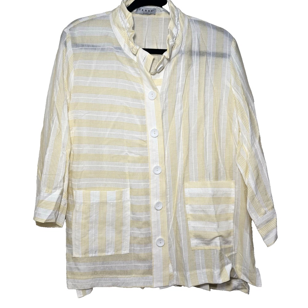 Terra Apparel XL Yellow White Striped Silk Cotton‎ Button Jacket Top Pockets